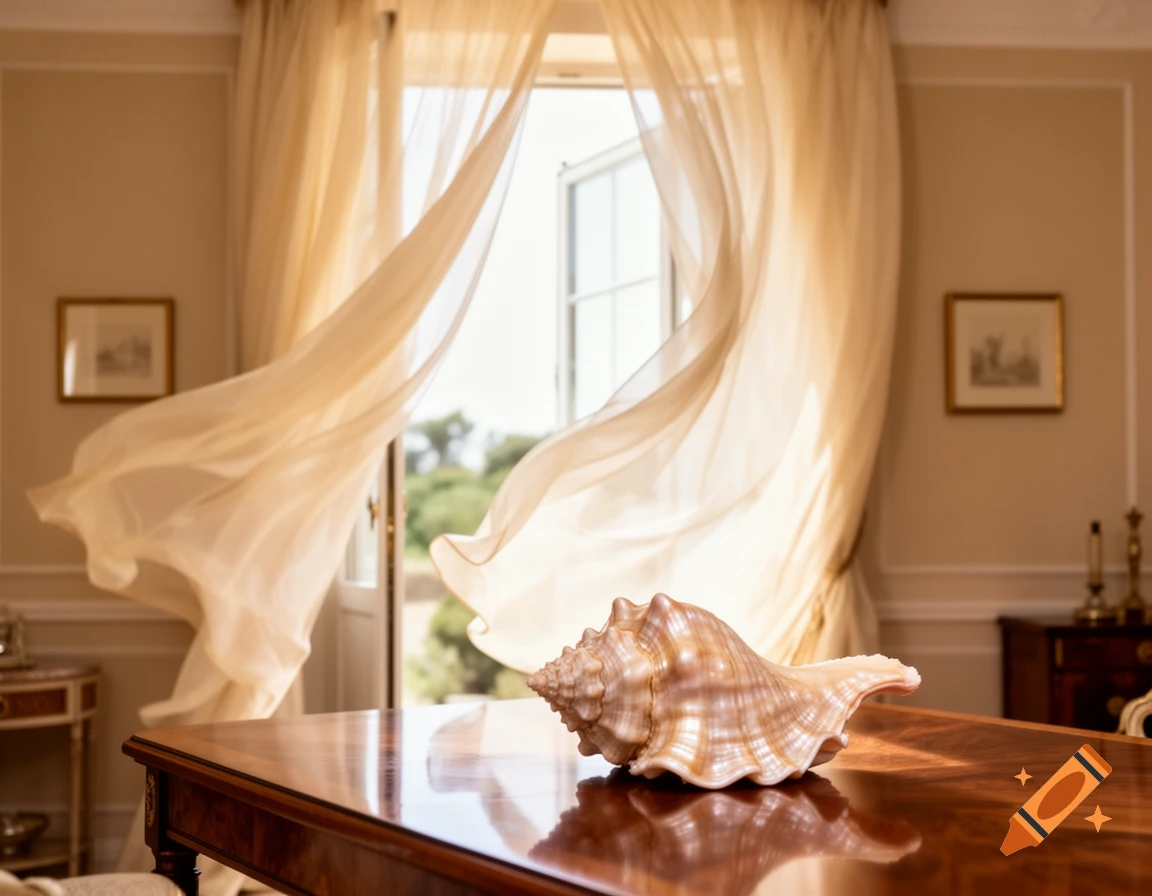 A large seashell sits on a polished wooden table, with sheer curtains billowing from an open window in a sunlit room.