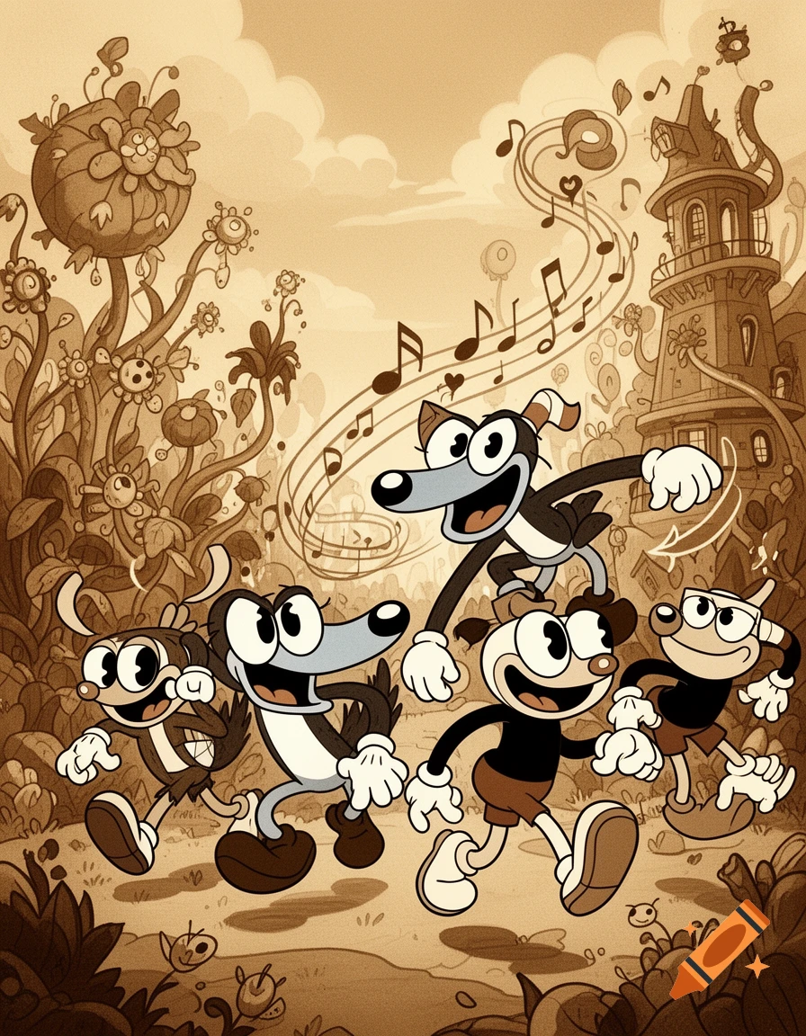 Cuphead-style cartoon characters and anthropomorphic animals march happily in a whimsical, sepia-toned landscape.