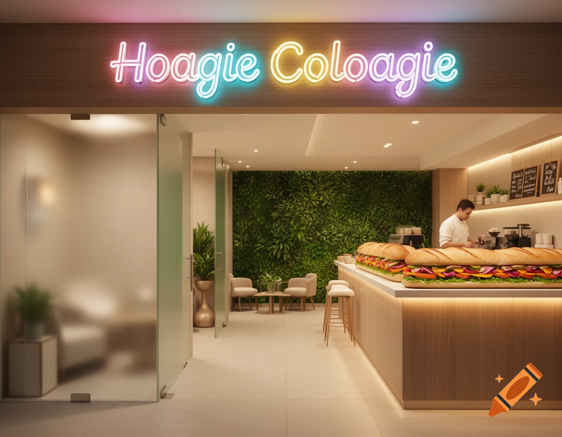 A modern sub sandwich restaurant with a neon sign 'Hoagie Coloagie', a chef preparing food, and large subs on the counter.