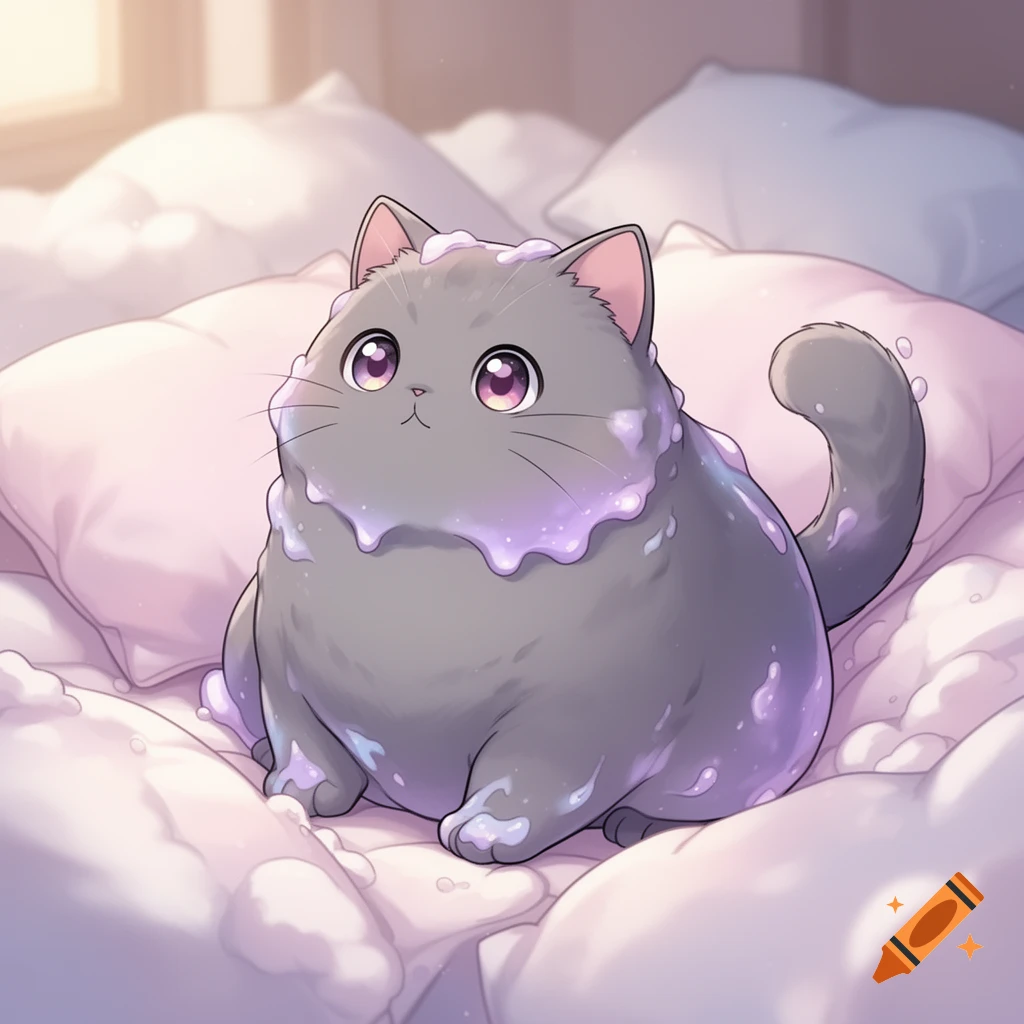 A chubby gray cat with oversized purple eyes, resembling a melting marshmallow with pastel purple goo, sits on fluffy pink pillows in a cute anime style.