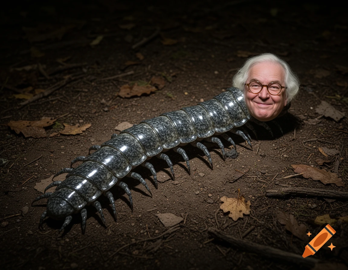 A photorealistic image of a centipede with an elderly man's smiling face for a head, crawling on a dark forest floor.