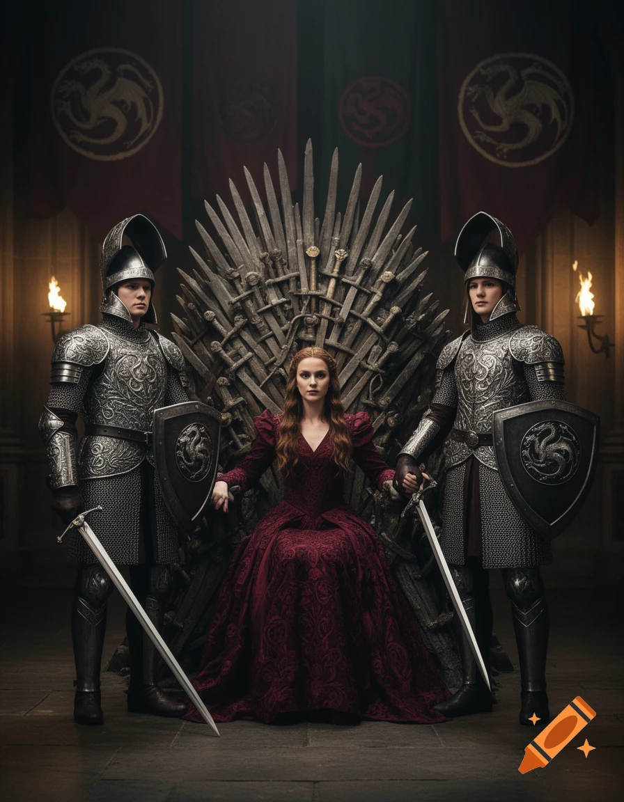A queen in a red gown sits on a throne of swords, flanked by two armored knights with shields and swords, under banners with dragon sigils.