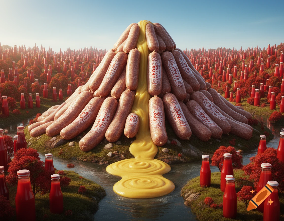A photorealistic landscape featuring a large mountain made of sausages, a golden mustard river, and a forest of red ketchup bottles.