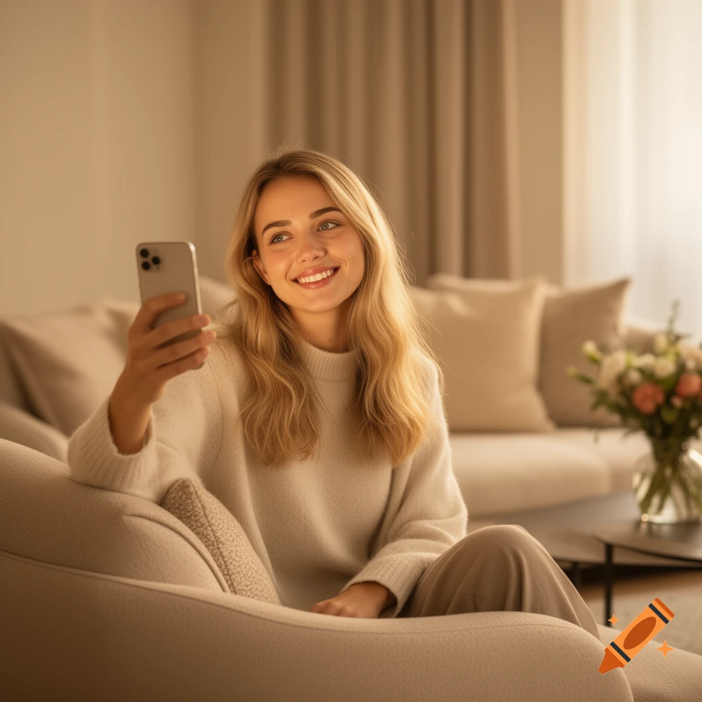Young woman with blonde hair smiling while taking a selfie on a light-colored couch in a warm, inviting living room.