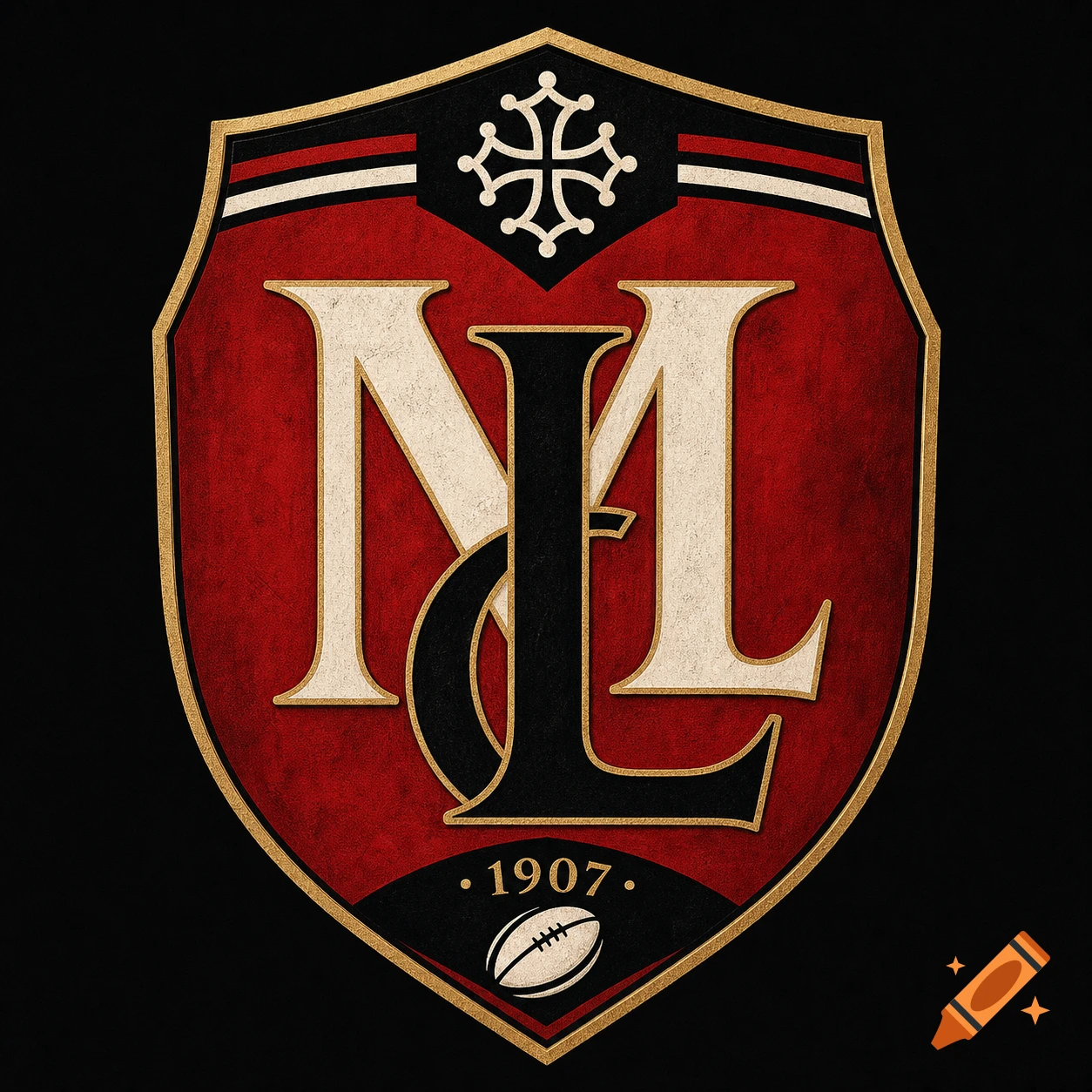 A red and black sports crest with gold trim, featuring intertwined white and black 'ML' letters, an Occitan cross, '1907', and a rugby ball.