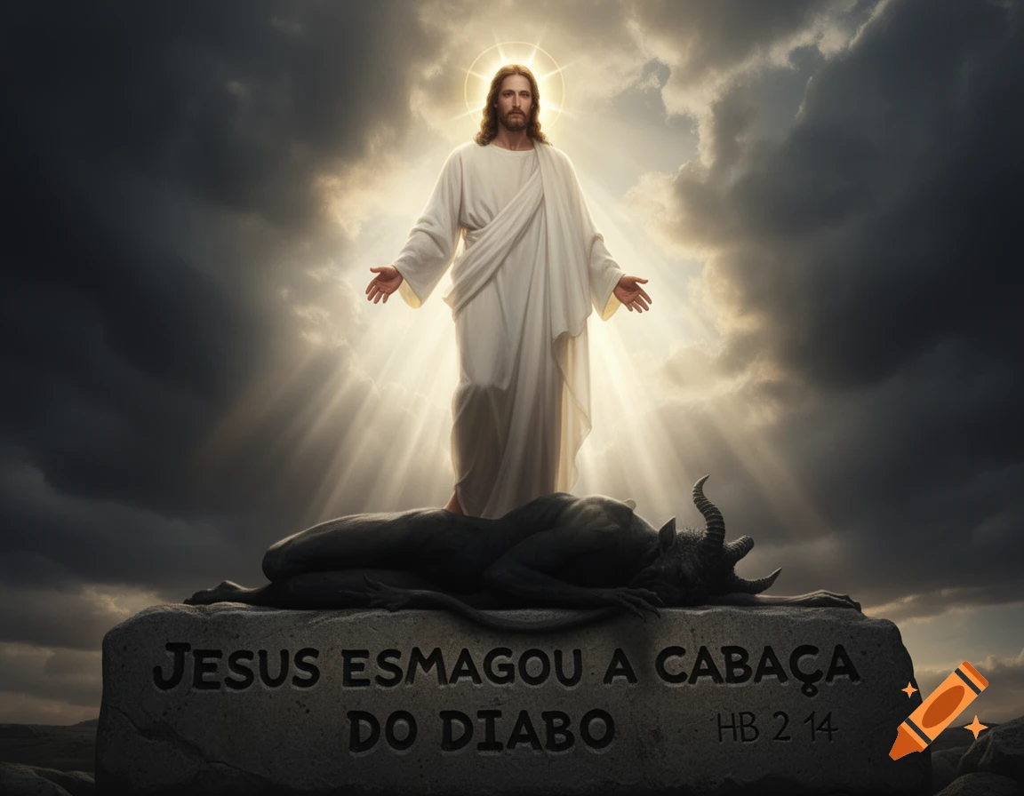 Jesus, surrounded by divine light, stands triumphantly over a defeated horned demon on a stone slab with carved text, beneath a dramatic sky.