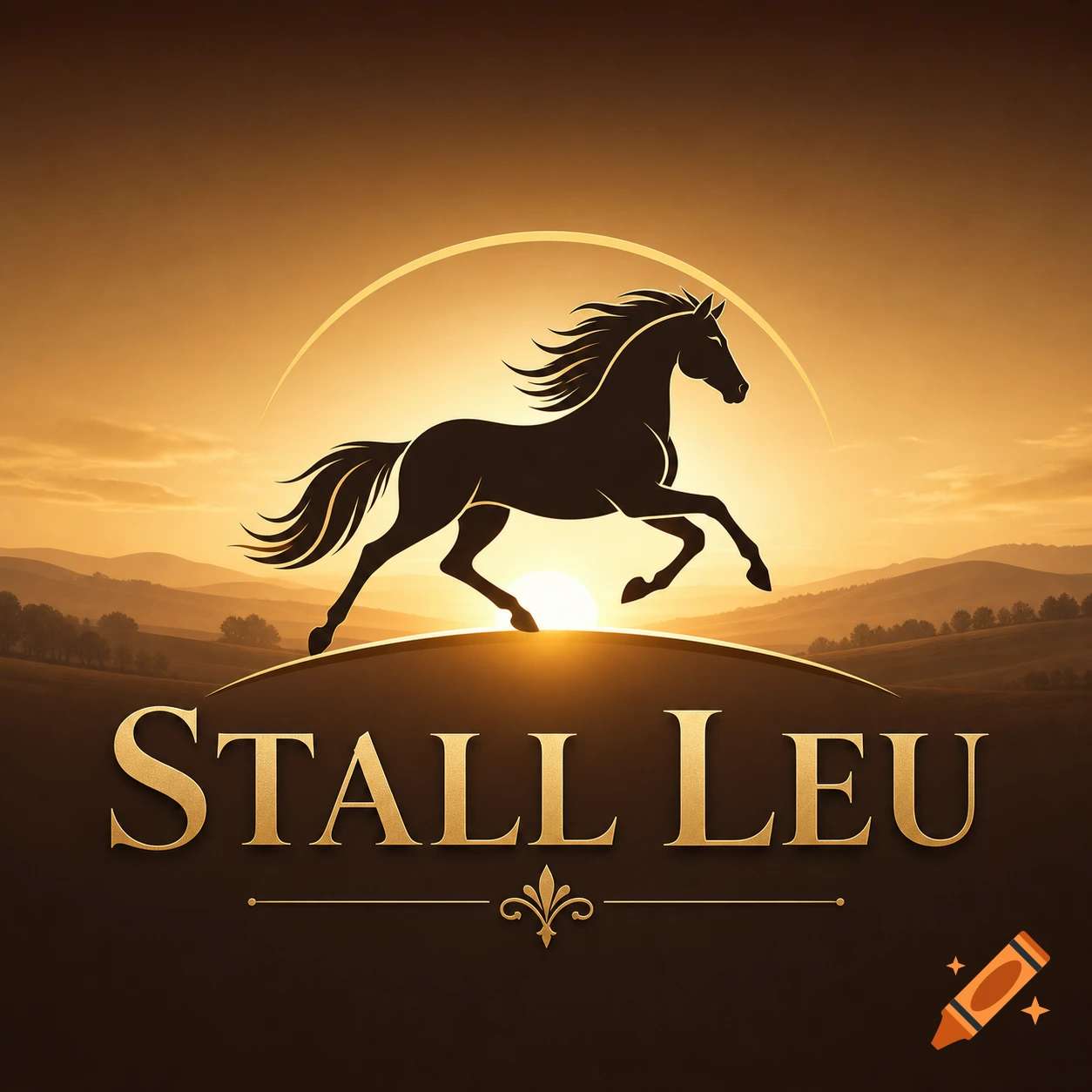 A golden logo featuring a silhouetted horse galloping over a hill, with a setting sun and rolling hills in the background. Below, the golden text "STALL LEU" is centered with a decorative line.