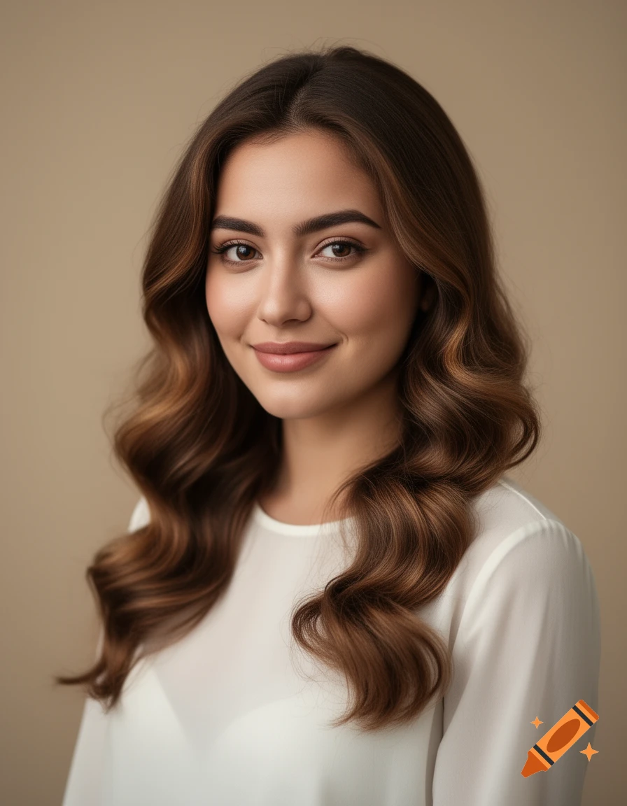 Smiling young woman with long wavy brown hair, wearing a white top, against a plain beige background.