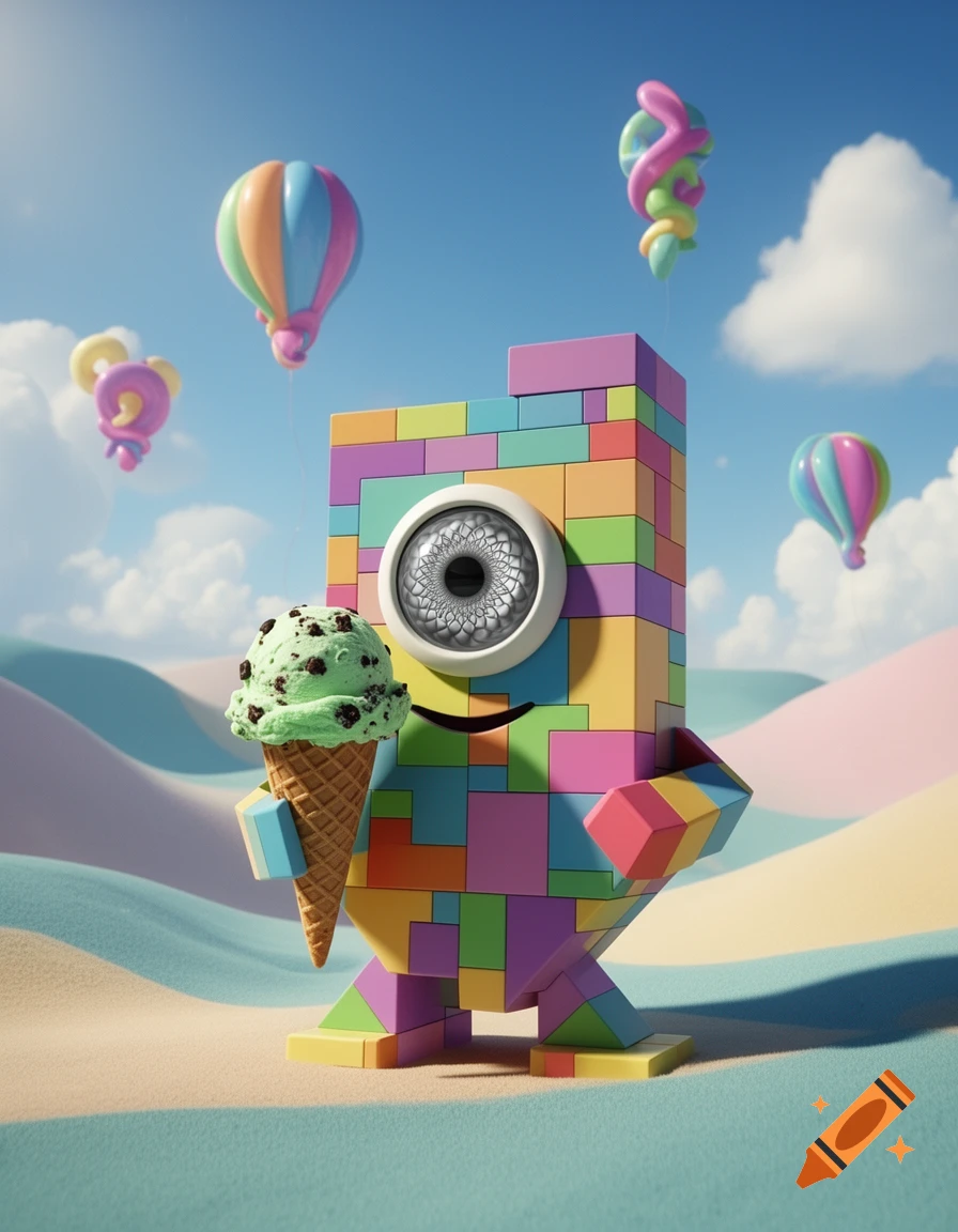 A colorful block character with a gray fractal eye holds mint chocolate chip ice cream on pastel dunes with balloons in the sky.