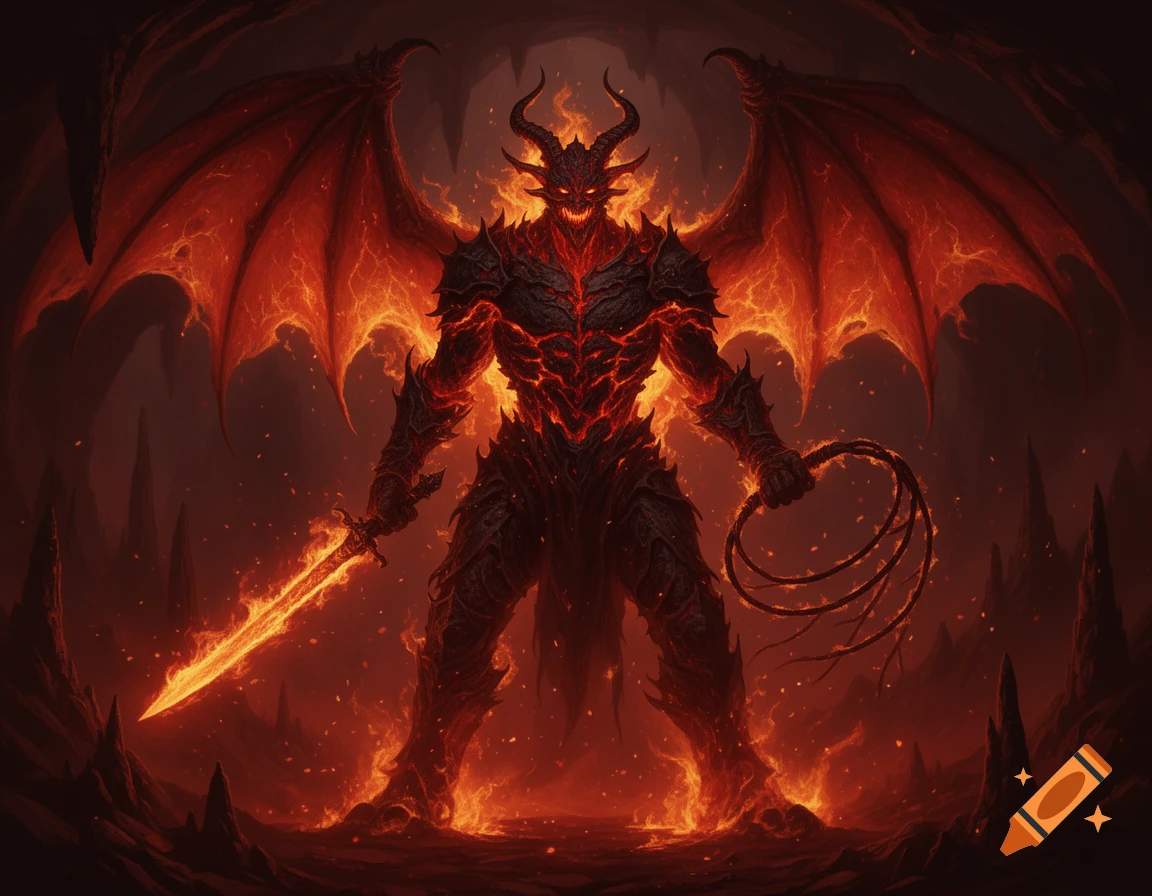 A horned, winged demon with a fiery body and dark armor, holding a flaming sword and a whip in a hellish cavern.