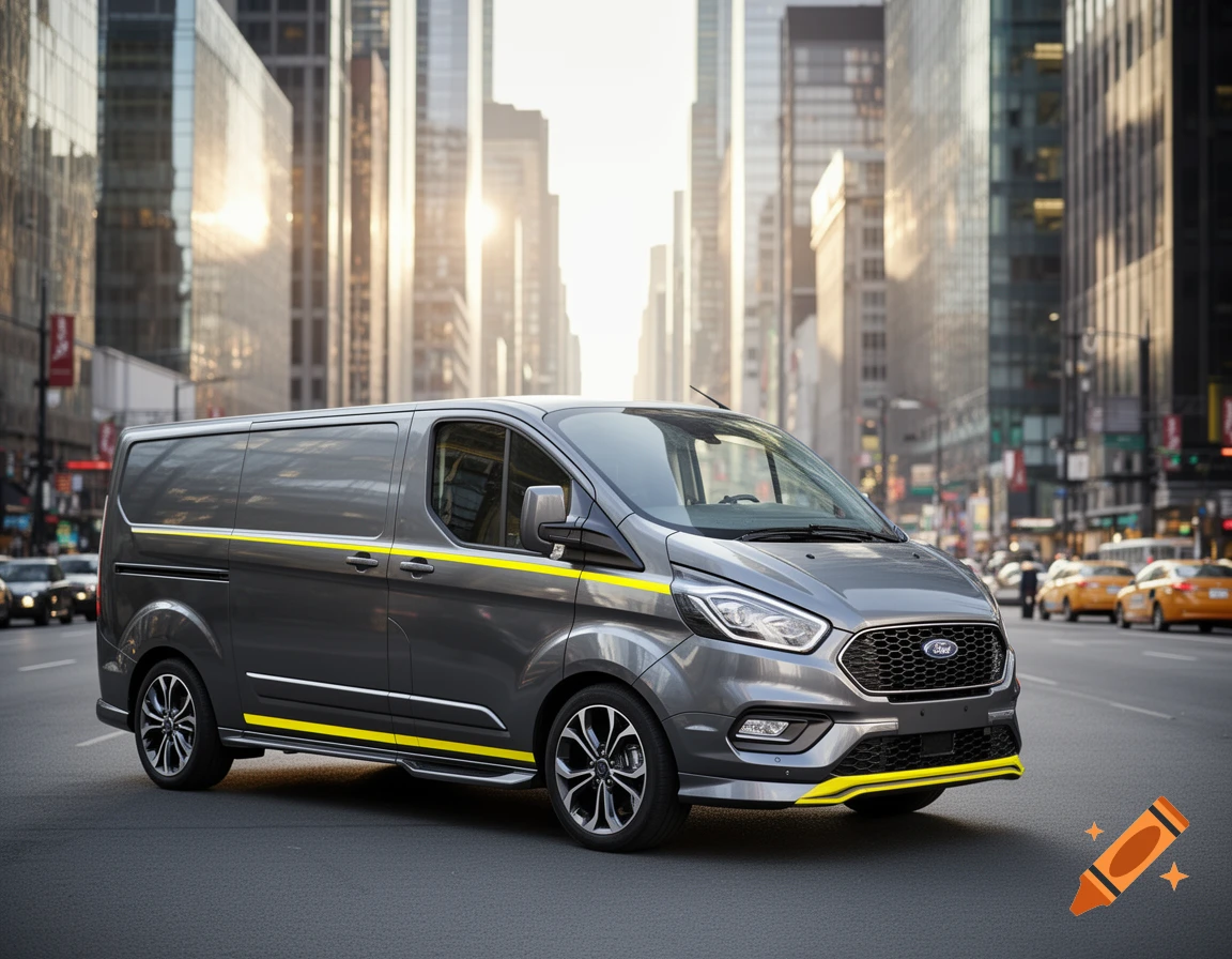 Gray Ford Tourneo Custom Sport Line van with yellow accents on a city street, tall buildings in background.