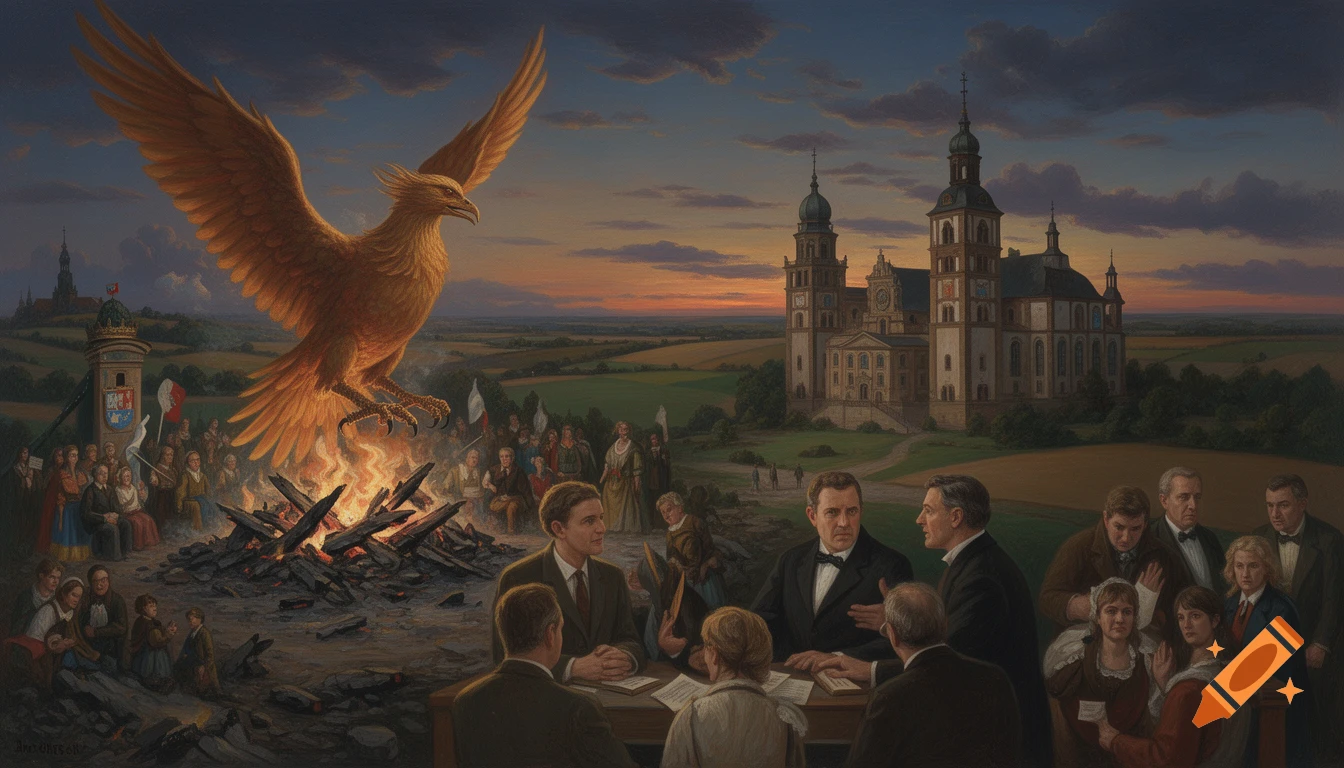 Painting of a golden phoenix over a bonfire with a crowd of people and men in suits meeting at a table, a church in the background at sunset.