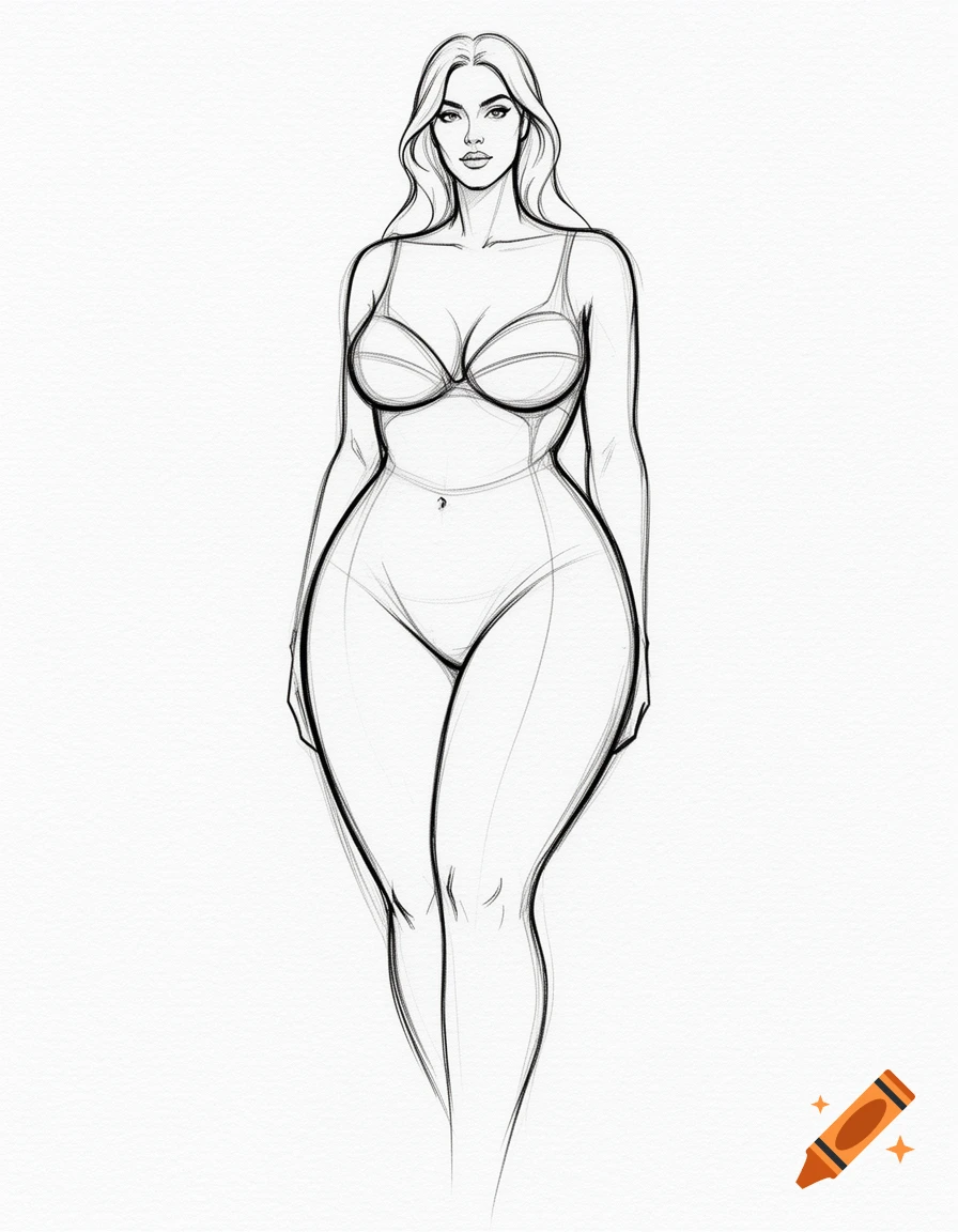 A minimalist fashion illustration sketch of a voluptuous woman in a one-piece swimsuit on a white background.