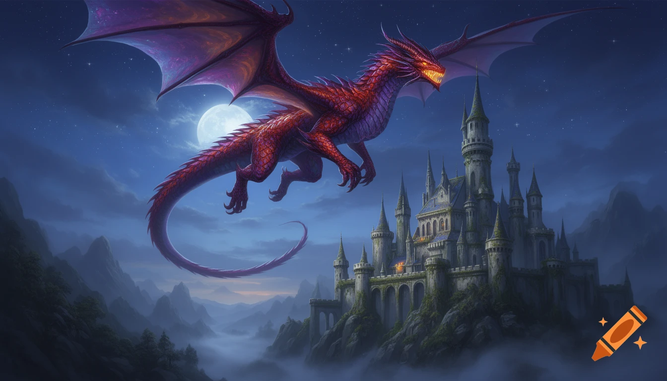 A large red and purple dragon with glowing eyes flies over a majestic fantasy castle under a full moon at night.