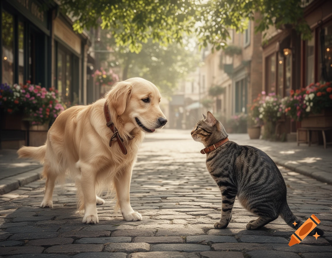 A golden retriever and a tabby cat face each other on a cobblestone street lined with charming buildings and flowers.