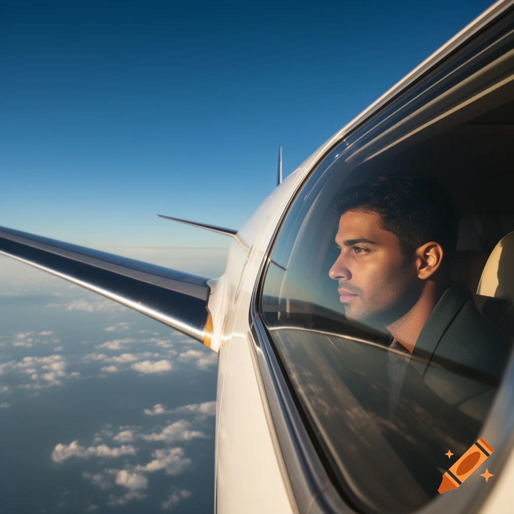 A man looks out the window of a private jet flying above clouds in a blue sky, photorealistic.