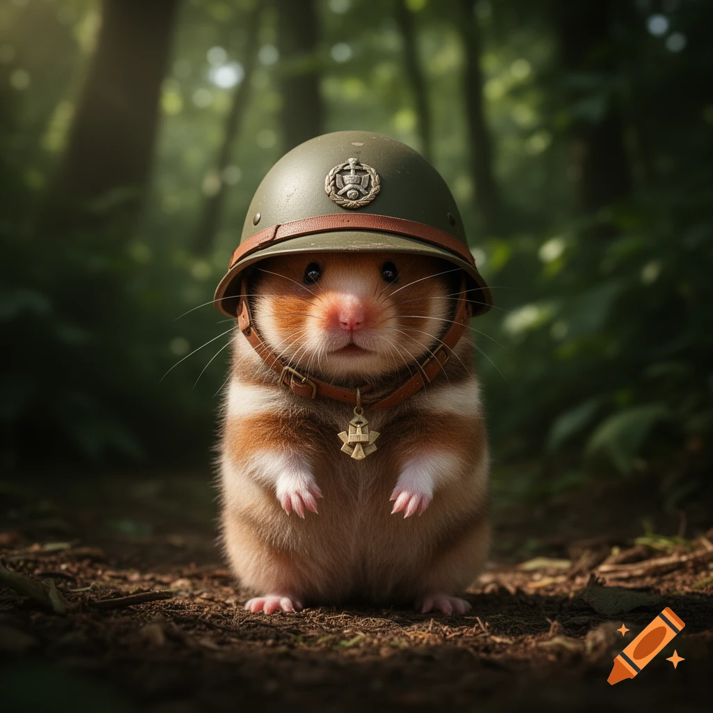 A photorealistic hamster wearing a military soldier helmet stands on a forest floor.