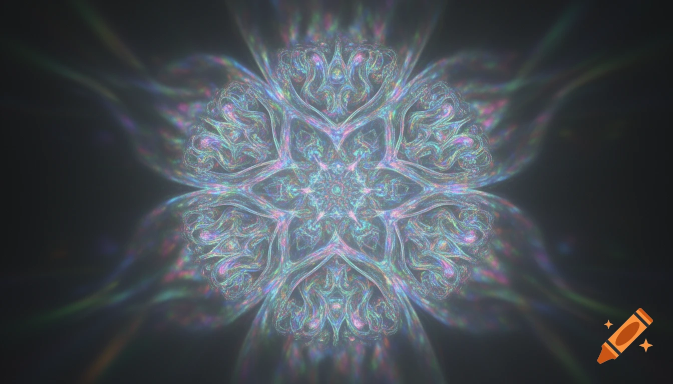 A vibrant, iridescent fractal pattern resembling a glowing mandala or snowflake against a dark background, in a holographic style.