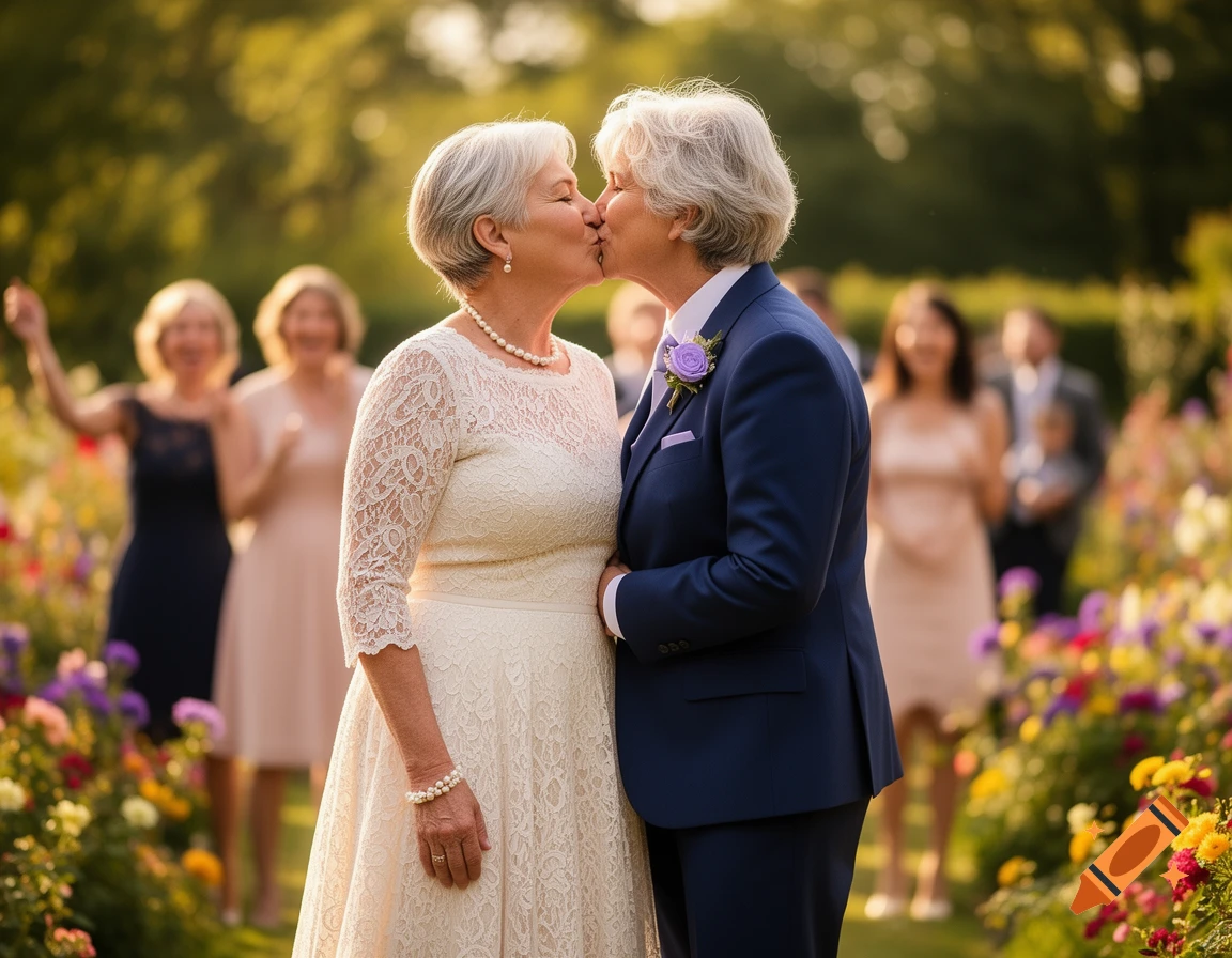 Two older women, a lesbian couple, kiss at their outdoor wedding, surrounded by flowers. Photorealistic.