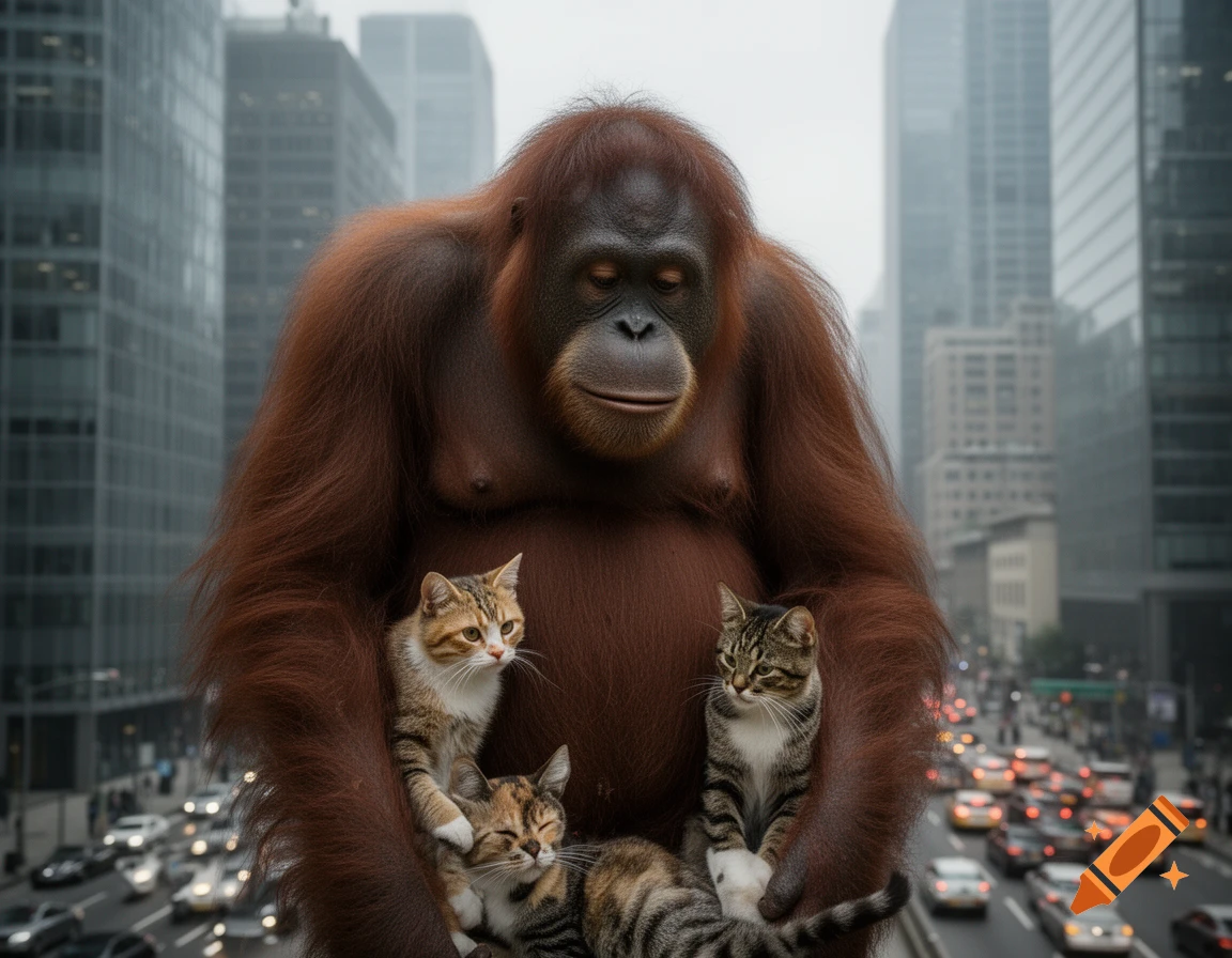 A large orangutan holds three tabby cats against its chest, standing in a busy city street with tall buildings and traffic.