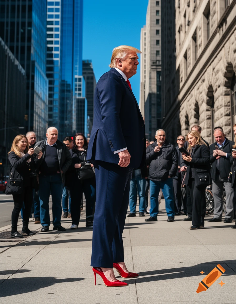 Photorealistic image of Donald Trump in a suit and red high heels standing on a city sidewalk, with buildings and people in the background.