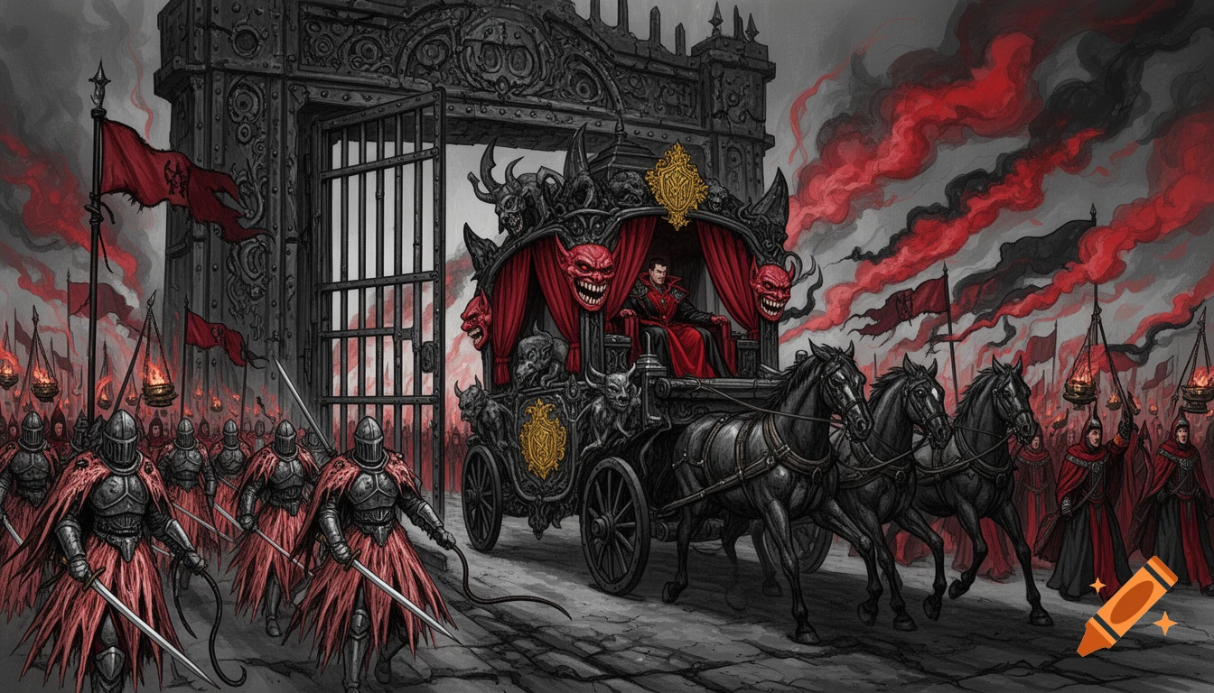 A dark fantasy digital painting of a tyrannical parade emerging from a massive gate, featuring a baroque carriage, armored knights, and priests.
