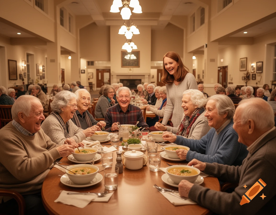 A diverse group of happy elderly people and a smiling young woman share a meal in a warmly lit dining room.