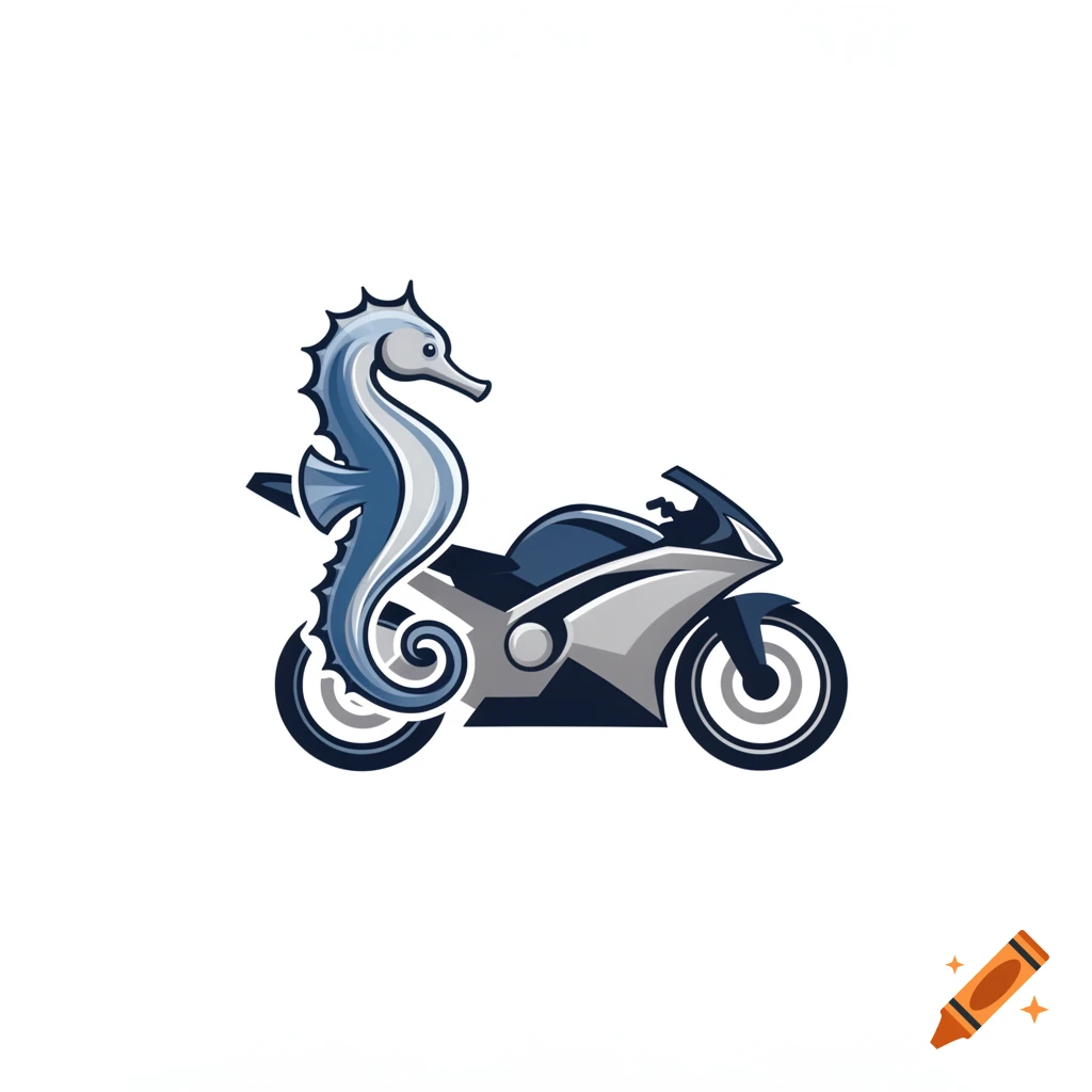 Stylized logo of a blue and white seahorse integrated with a dark blue and silver motorcycle, on a white background.