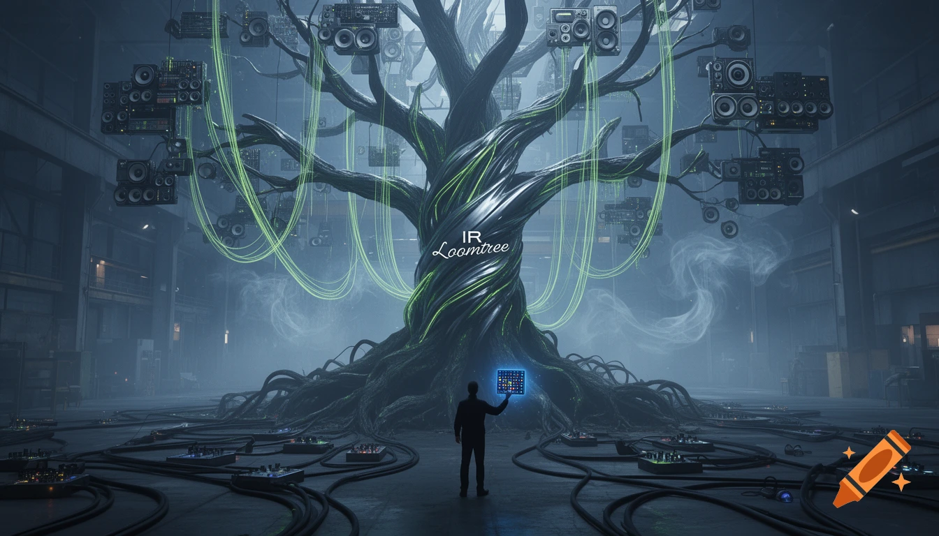 A silhouette stands before a large, dark, technological tree with speakers and glowing cables in a misty factory. Sci-fi concept art.