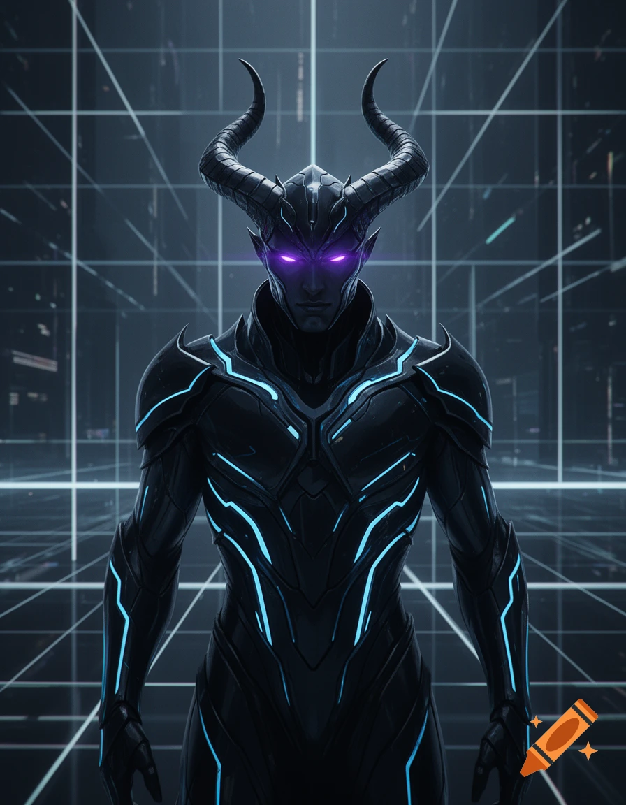 A futuristic dark lord with large horns, glowing purple eyes, and black armor with neon blue lines against a dark grid background.