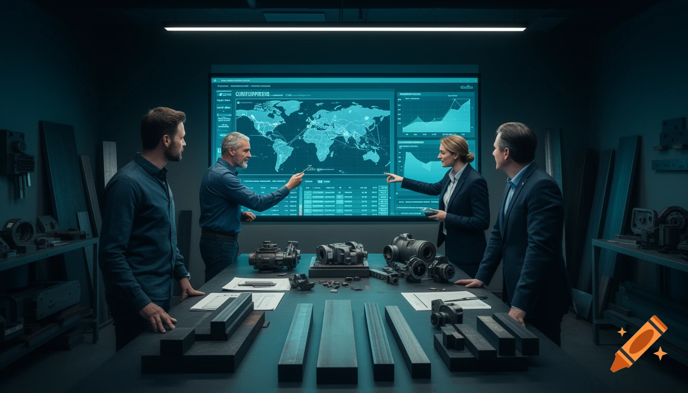 A team of four professionals analyzes global market data and industrial components in a modern, dark steel-blue room.