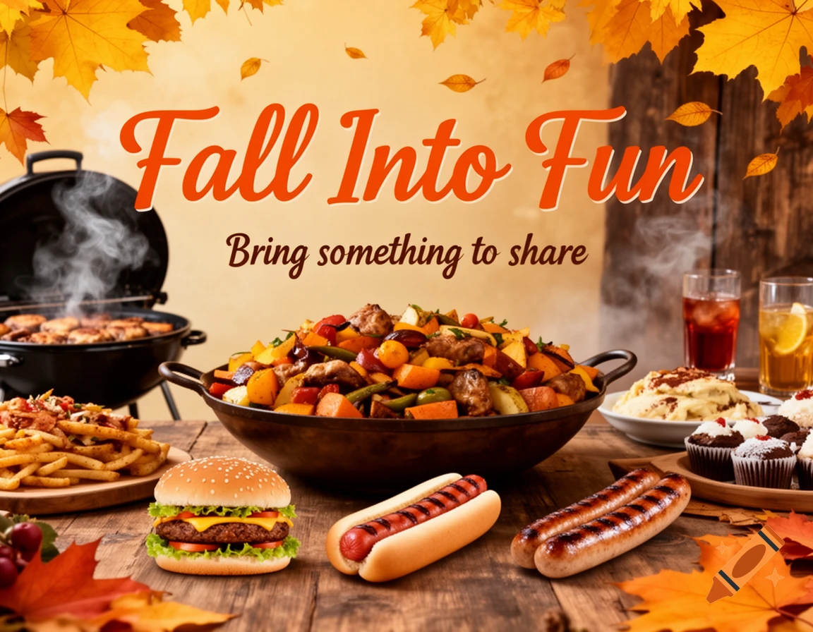 A fall-themed outdoor feast with a grill, various dishes including roasted vegetables, fries, a hamburger, hot dog, sausages, cupcakes, and drinks, with text "Fall Into Fun" and "Bring something to share".