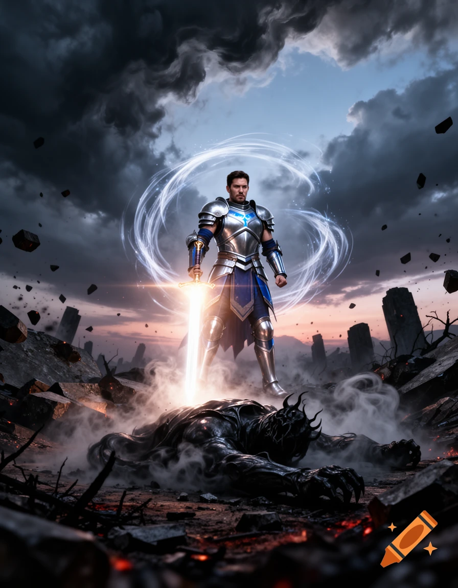 A knight in shining armor stands over a defeated shadowy monster with a glowing sword in a desolate, destroyed landscape.