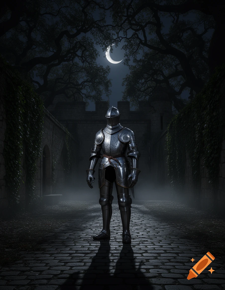 A full suit of shining medieval armor stands on a cobblestone path in a dark, misty castle courtyard under a crescent moon.