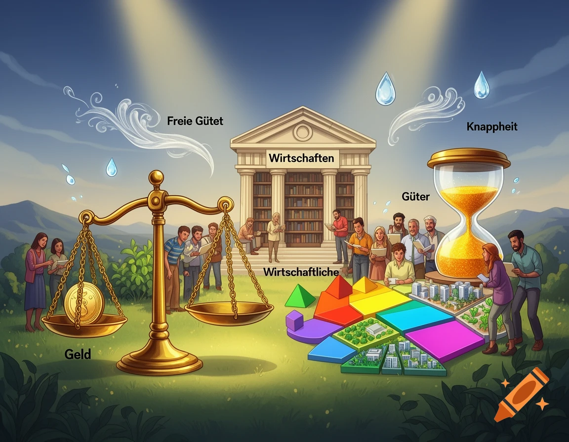 An illustrative image explaining economic concepts: scales with 'Geld' (money), 'Freie Güter' (free goods) as floating water drops, 'Knappheit' (scarcity) near an hourglass, 'Wirtschaften' (economics) on a building, and diverse people around a colorful, segmented map with labels 'Wirtschaftliche' and 'Güter'.