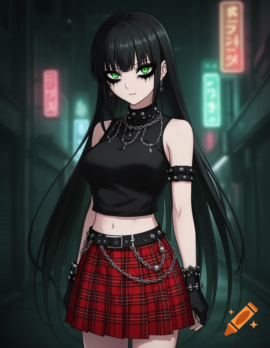Goth anime girl with long black hair, green eyes, black crop top, and red tartan miniskirt in a neon city alley.