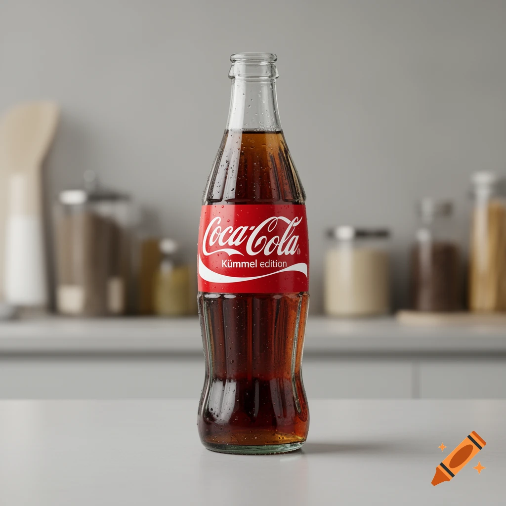 Photorealistic image of a wet Coca-Cola bottle, labeled 'Kümmel edition', standing on a light kitchen counter.