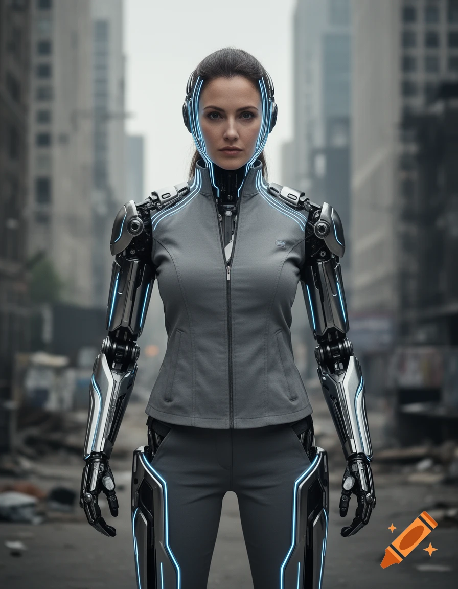 A photorealistic depiction of a woman with a futuristic silver and blue glowing exoskeleton over a grey suit, standing in a blurred urban setting.