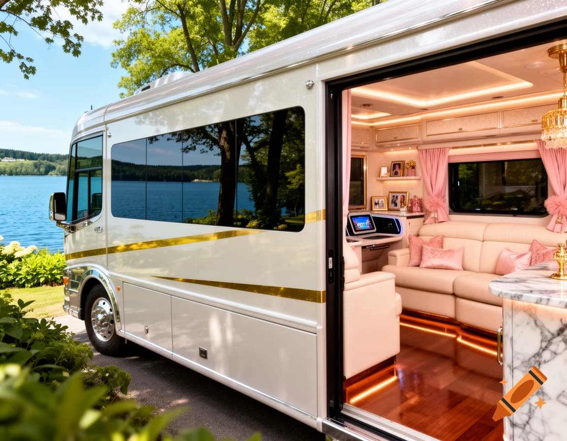 A luxurious white RV with gold accents parked by a scenic lake, its door open to reveal a plush pink-themed interior.
