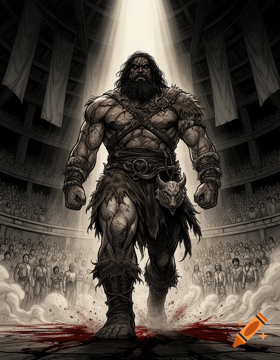 A massive, muscular ancient warrior with a beard and animal hide clothing steps into a bloodstained fighting arena under dramatic light, in a dark fantasy manga style.