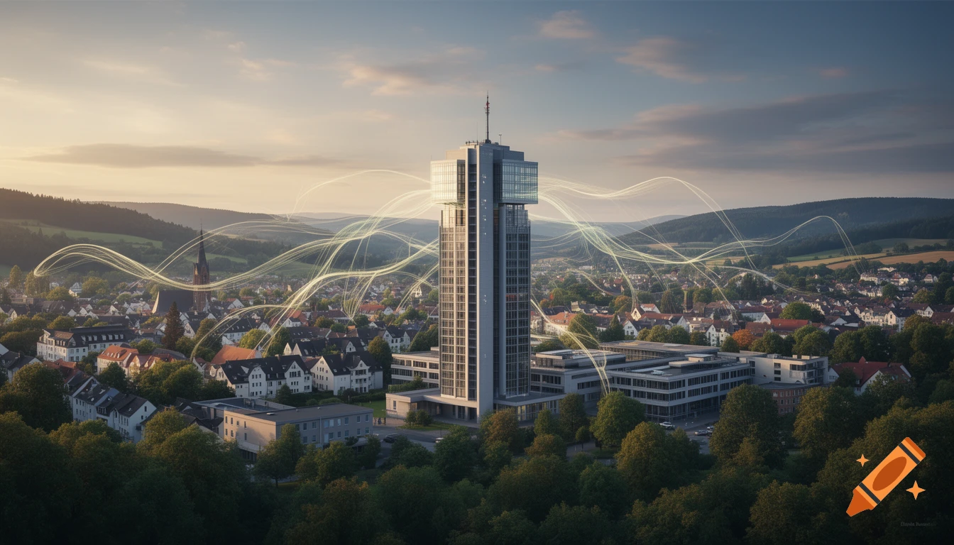 Aerial view of a modern high-rise building in a town, with glowing light lines connecting to surrounding hills and houses.