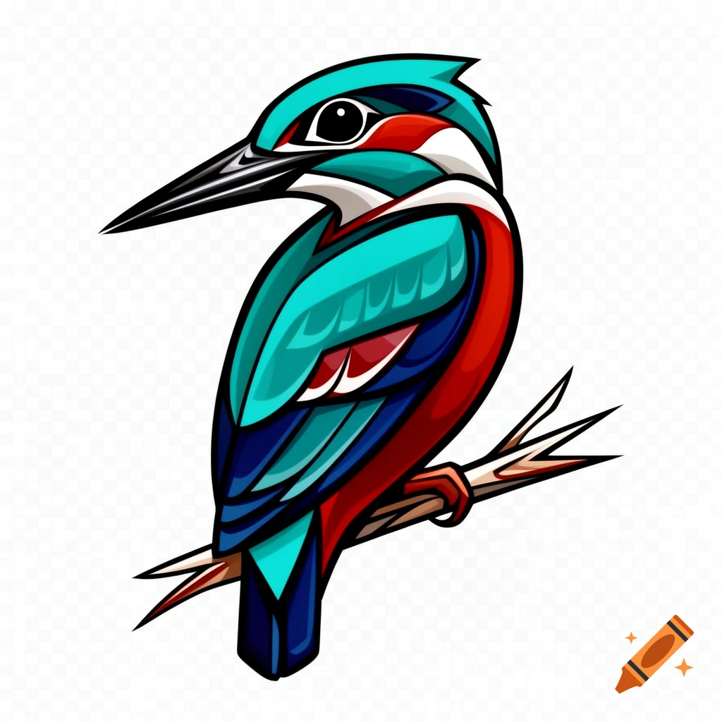 A colorful kingfisher bird in the style of Pacific Northwest indigenous art, perched on a branch, with a transparent background.