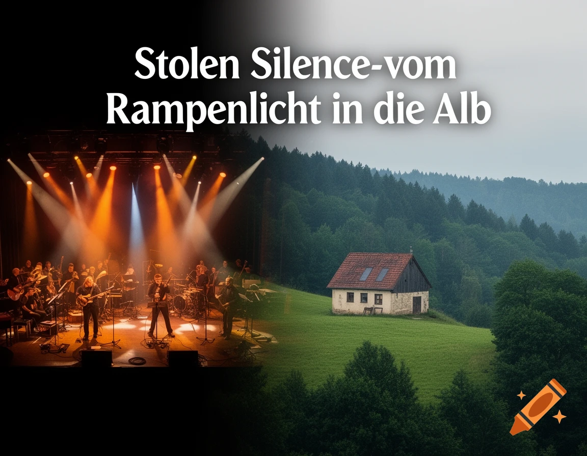 A collage showing a band performing on a stage under spotlights on one side, and a small house on a green hill with a forest on the other, with text overlay.