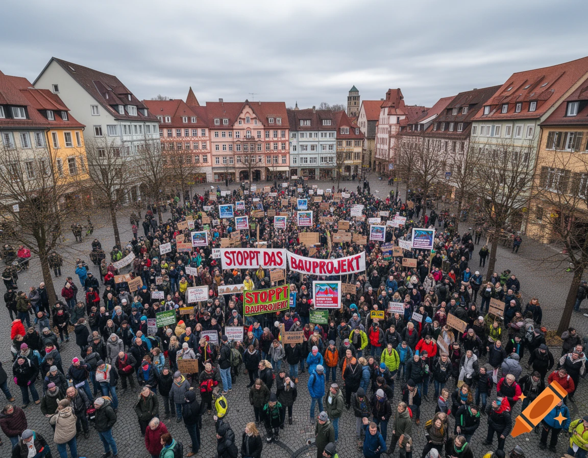 A large crowd of people holding protest signs and banners, some reading 'STOPPT DAS BAUPROJEKT', gathered in a city square surrounded by historic buildings under an overcast sky.