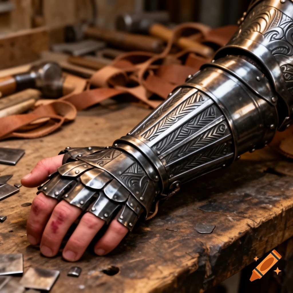A hand wearing a detailed metal fingerless arm gauntlet rests on a wooden workbench with tools in the background, photorealistic style.