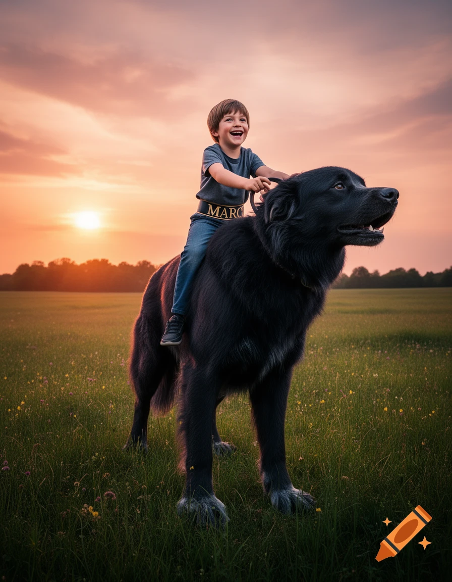 A smiling boy rides a giant black dog in a grassy field during a vibrant sunset, photorealistic style.