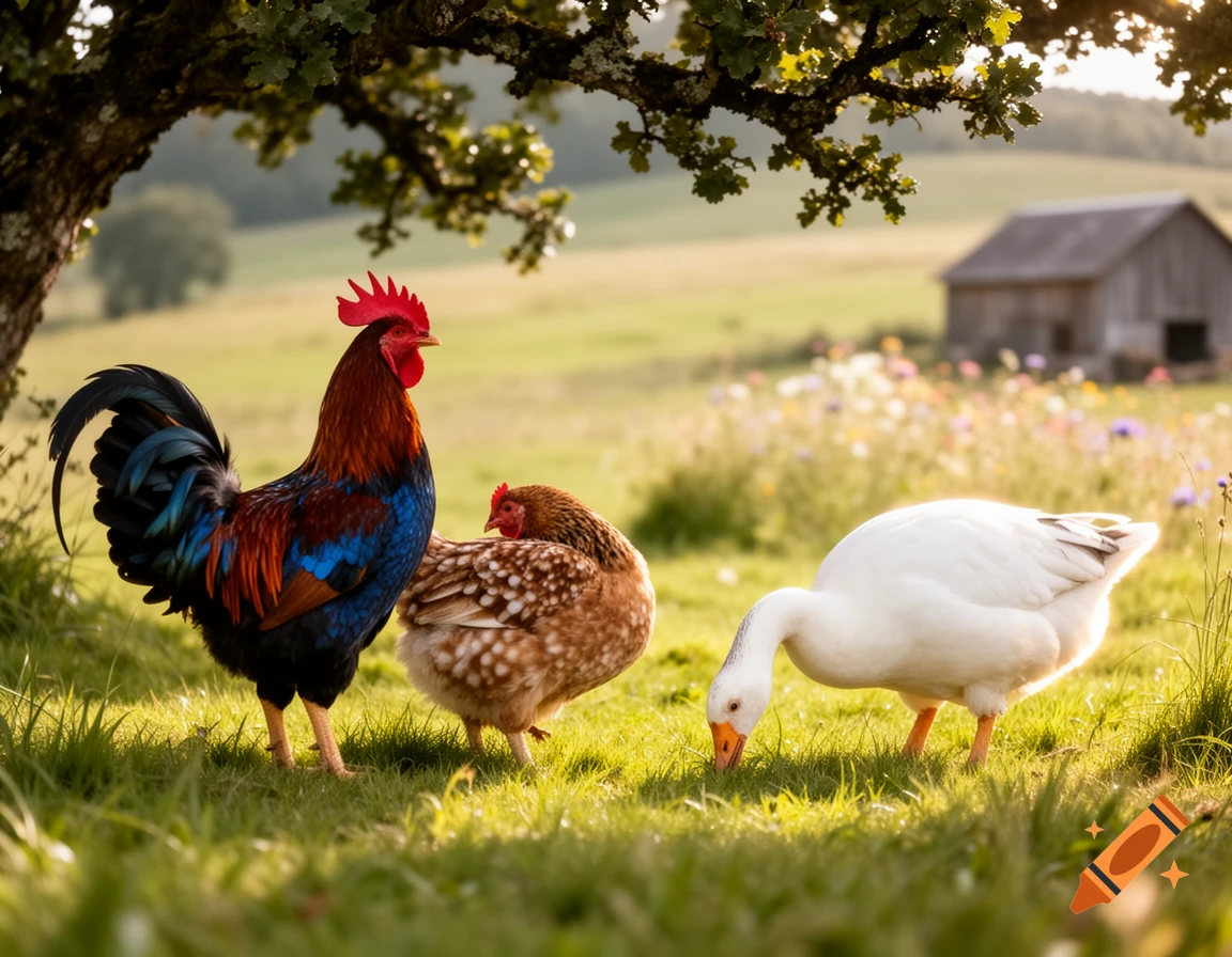 A colorful rooster, brown hen, and white goose graze in a sunny green field with a barn in the background, under a tree.