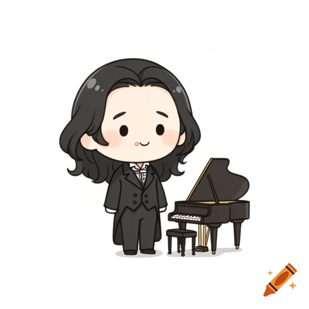 A cute chibi-style cartoon of Franz Liszt with long black hair, in a black tailcoat, standing beside a grand piano.