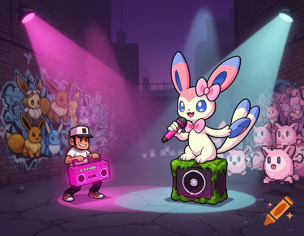 A cartoon Sylveon sings into a microphone on a mossy speaker, while a boy holds a boombox. Pixelated Pokemon fill the background in a graffiti-covered alley.