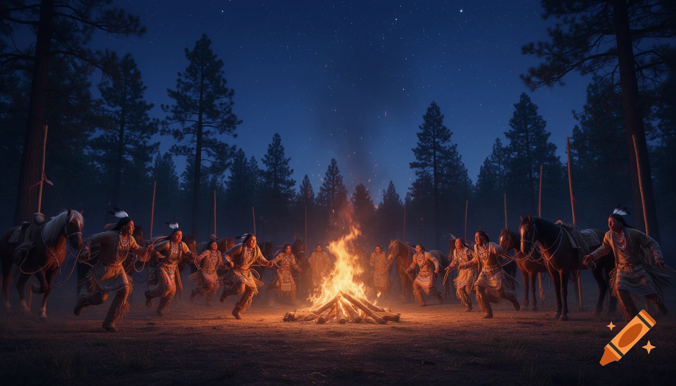 A large group of people in traditional Native American attire dance around a bright campfire at night, with horses nearby, surrounded by pine trees under a star-filled sky. Photorealistic style.